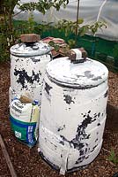 Compost bins, painted white to keep it cool in the summer to protect the worms - Mick's Allotment