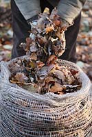 Gardener filling a biodegradable jute leaf sack full of leaves