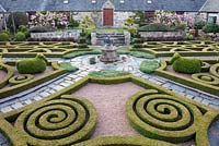 Topiary courtyard with Buxus sempervirens and Taxus baccata, Prunus 'Cheal's Weeping' in blossom - Carestown Steading, Aberdeenshire, Scotland