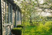 View of out buildings and wild garden in spring with cherry trees, box topiary and table and chairs - The Mill House, Little Sampford