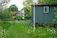 Shepherds hut in wild garden with lean-to greenhouse and garden shed - The Mill House, Little Sampford, Essex