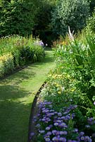 Perennials in borders along a grass path - Aster and Achillea 'Moonshine' in June - Richard Ayres' Garden