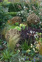 Border planting of shrubs, perennial plants and modern architectural features, including Hebe 'Black Beauty', grasses and hellebores - 'The Rough with the Smooth' Show Garden, Premier Gold Award, Harrogate Spring Flower Show 2103