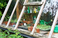 Rustic garden view of traditional glass fronted potting shed