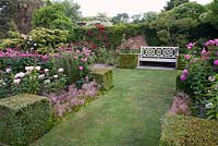 Wooden seat in formal walled Rose Garden including Rosa 'Baronne Prevost', Rosa 'Constance Finn' and Rosa 'Danse de Feu' on wall. Pashley Manor