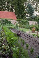 Formal walled vegetable garden in summer inclduing Peas, Onions, Beetroot and Lettuces. Pashley Manor