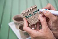 Using paper pots to plant herbs - writing plant name on cardboard pot
