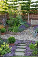 Potager with raised beds of vegetables and lavender, bench and thyme path