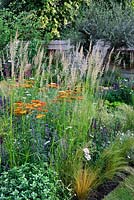 Achillea salvia and grasses in border ofFour Corners Garden, RHS Hampton Court Flower Show 2013, Design -  Peter Reader