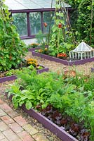View of small garden with colourful painted raised beds
