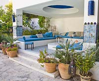Outdoor living area with containers planted with Chamerops humilis 'Cerifera', Pelargonium and Epidendrum 