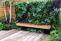 Vertical living wall above a ceder wood bench. Escape To The City. RHS Tatton Park Flower Show 2013