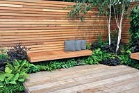 Garden wall with Ceder wood batons and built-in ceder wood bench - Escape To The City - RHS Tatton Park Flower Show 2013