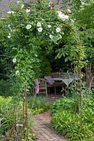 Arbour covered with planting of Rosa 'Hella' and Clematis viticella 'Walenburg'