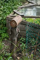 Bug box for beneficial insects beside garden coldframe
