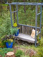 Old wooden bench with climbing frame in garden planted with Plectranthus 'Troy's Gold', Calibrachoa, Lotus, Dahlia and Shepherdia 