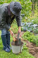Woman cleaning dirty spade with a brush besides the vegetable patch
