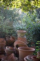 Whichford Pottery.  Hand thrown terracotta pots in morning light.