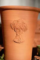 Hand thrown terracotta pot with sheath of corn design.