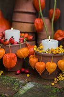 Terracotta pot candle holders with Physalis, Rose hips and Pyracanthus