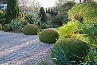Clipped yew spheres frame the drive and the circular maze formed of stone setts laid in to the gravel. York Gate Garden, Adel, Leeds, Yorkshire