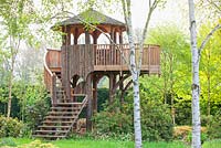 Tree House made from Larch at Foggy Bottom, The Bressingham Gardens, Norfolk, UK