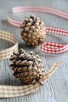 Step by step of making Christmas Doorknob Decorations - Thread one fir cone along each length of ribbon so you have an equal amount of ribbon either side