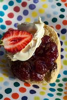 Tiptree 'Little Scarlet' Strawberry Jam with a scone, fresh strawberry and clotted cream