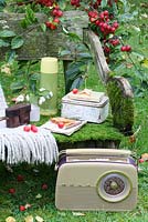 A rustic, moss covered bench with thermos flask, lunchbox, woollen throw, camera, vase of snowberries, Bush radio, book, notepad and pencil