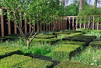The Daily Telegraph Garden, RHS Chelsea Flower Show 2013. Clipped cubes of buxus sempervirens and taxus baccata, Corylus avellana and Oak colonnade