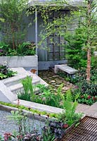 The Wasteland, Chelsea Flower Show 2013, Sunken Patio with crazy paving path, concrete seat and wall
