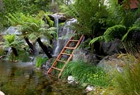Trailfinders Australian Garden, Chelsea Flower Show 2013. Native Australian planting surrounding pond and waterfall
