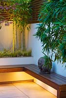 Minimalist garden lit up at night. Wooden bench seat, Buddha head ornament and built in raised beds with Phyllostachys Aurea, Acorus 'Ogon' 