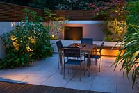 Minimalist garden lit up at night.  Edgeworthia Chrysantha, Acer Aconitifolium and furniture