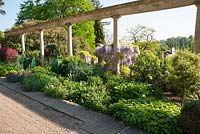 Colonnade along the Great Terrace frames a mixed border including berberis and wisteria.
