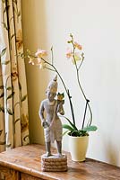 Houseplant - Cymbidium orchid in bream container on table next to ornament 