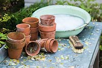 Brush, bowl of bubbly water and collection of dirty terracotta pots ready for cleaning