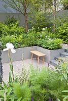 Sunken garden with bench, perennials and Foeniculum. Stop the Spread. Chelsea Flower Show 2013