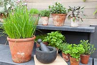 Outdoor kitchen with herbs. Big Green Egg Garden. Chelsea Flower Show 2013
