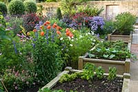 Raised beds in the walled garden host a variety of crops including salads, herbs, squashes and blueberries. 
