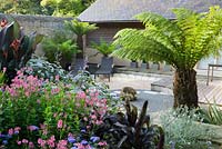 Minimalist Japanese style courtyard by the house is framed by exuberant planting including tree fern, dark purple Pennisetum glaucum, pink diascia, verbena and silvery plectranthus. 