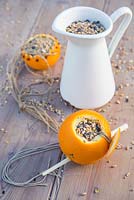 Bird feeders made from Oranges, using string, cloves and a chopstick
