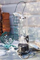 Cleaning Bird Feeders. Collection of clean Bird Feeders