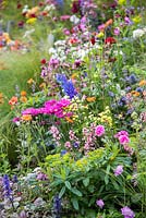 Euphorbia, Chrysanthemum and Heucherella planted amongst border of vibrant planting arrangements. The Rush of Nature exhibition garden designed by Marc Quinn.