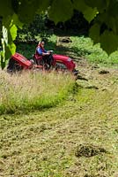 Woman cutting the meadow with a Countax four wheel drive mower. Veddw House Garden, Monmouthshire, Wales