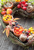 Willow heart filled with harvest fruits and seeds for bird food - Papaver, Malus, Pyracantha Soleil d'Or, Sorbus