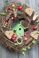 Wreath decorated with bird seed including Zea mays, Malus, Helianthus annuus and Diplocyclos palmatus
