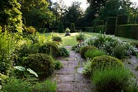 Evening light on lawn planted terrace with borders, box balls and stone flags path - Cothay Manor, Greenham, Somerset, England summer late June 