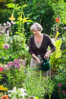 Portrait of Janet Daniel's owner watering her garden . Plants include Brugmansia x candida 'Grand Marnier' - Angel's Trumpet and other mixed plants, Begonias, Anemones , Petunia 'cascadias' late summer, September 
