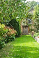 Formal garden in late summer. View to brick and flint garden building with lawn, Persicaria amplexicaulis and Yew topiary. 